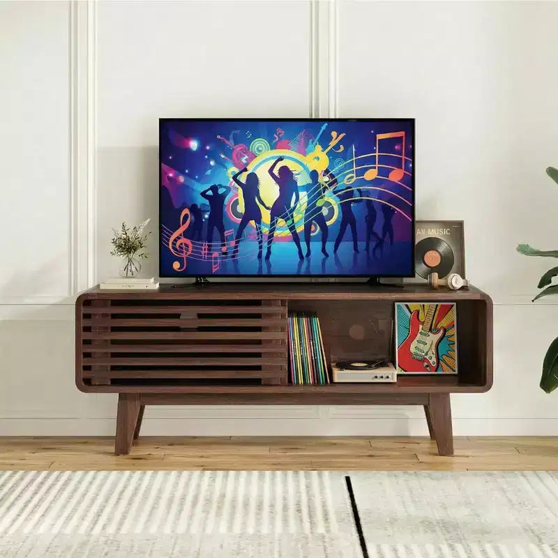 Meuble TV moderne Mid-Century JVNOXK pour téléviseurs jusqu'à 59 pouces avec portes coulissantes et rangements ouverts