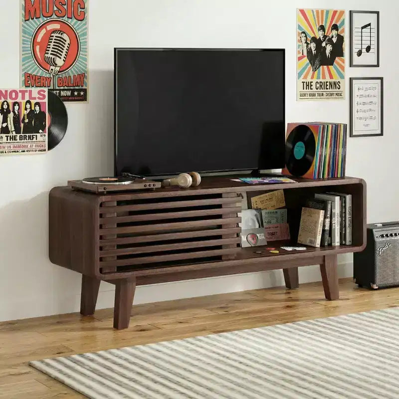 Meuble TV moderne Mid-Century JVNOXK pour téléviseurs jusqu'à 59 pouces avec portes coulissantes et rangements ouverts