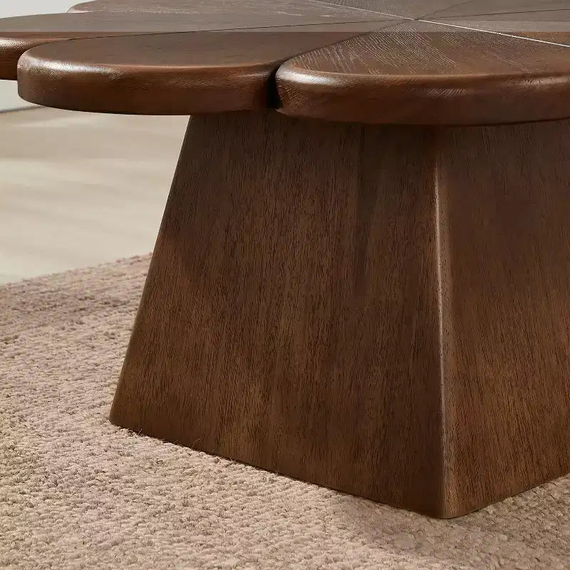 Table basse moderne Art Leon, table centrale ronde en forme de pétale avec base en bois d'hévéa pour salon