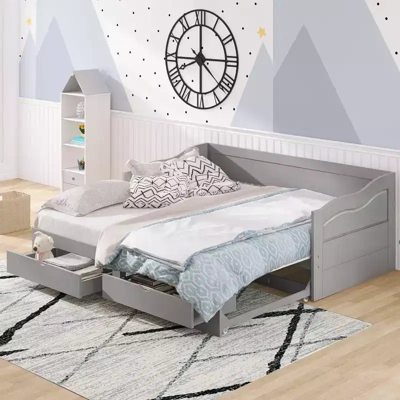 Lit de repos double FAMYYT en bois avec 2 tiroirs, lit extensible, assemblage facile, gris
