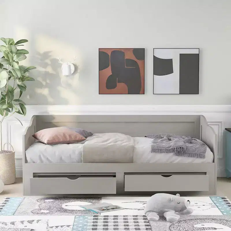 Lit de repos double FAMYYT en bois avec 2 tiroirs, lit extensible, assemblage facile, gris