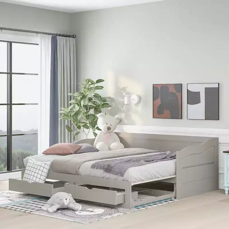 Lit de repos double FAMYYT en bois avec 2 tiroirs, lit extensible, assemblage facile, gris