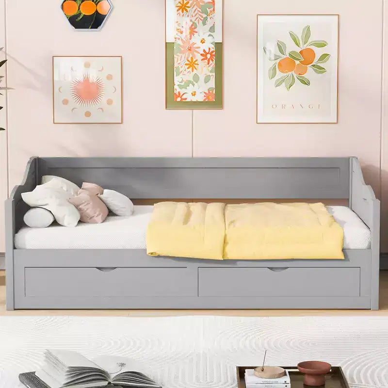 Lit de repos double FAMYYT en bois avec 2 tiroirs, lit extensible, assemblage facile, gris