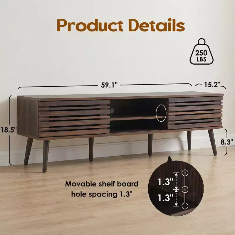 Meuble TV JVNOXK en bois cannelé de style moderne du milieu du siècle pour téléviseurs jusqu'à 70 pouces avec rangement et gestion des câbles