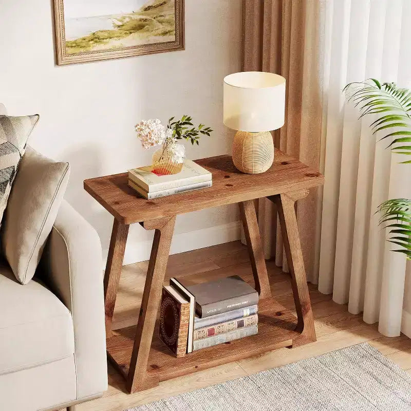 Table d'appoint à 2 niveaux en bois massif Lantine, table d'appoint étroite rectangulaire de style rustique avec base trapézoïdale pour salon, assemblage facile