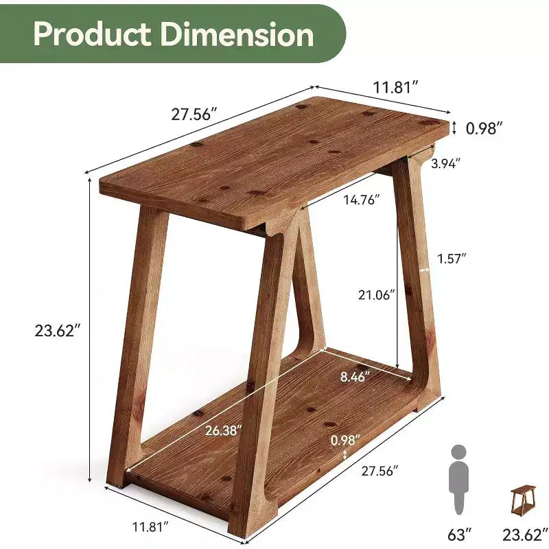 Table d'appoint à 2 niveaux en bois massif Lantine, table d'appoint étroite rectangulaire de style rustique avec base trapézoïdale pour salon, assemblage facile