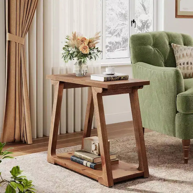 Table d'appoint à 2 niveaux en bois massif Lantine, table d'appoint étroite rectangulaire de style rustique avec base trapézoïdale pour salon, assemblage facile
