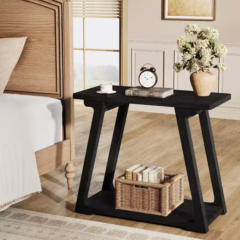 Table d'appoint à 2 niveaux en bois massif Lantine, table d'appoint étroite rectangulaire de style rustique avec base trapézoïdale pour salon, assemblage facile