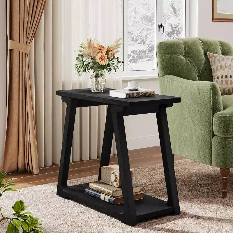 Table d'appoint à 2 niveaux en bois massif Lantine, table d'appoint étroite rectangulaire de style rustique avec base trapézoïdale pour salon, assemblage facile