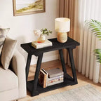 Table d'appoint à 2 niveaux en bois massif Lantine, table d'appoint étroite rectangulaire de style rustique avec base trapézoïdale pour salon, assemblage facile