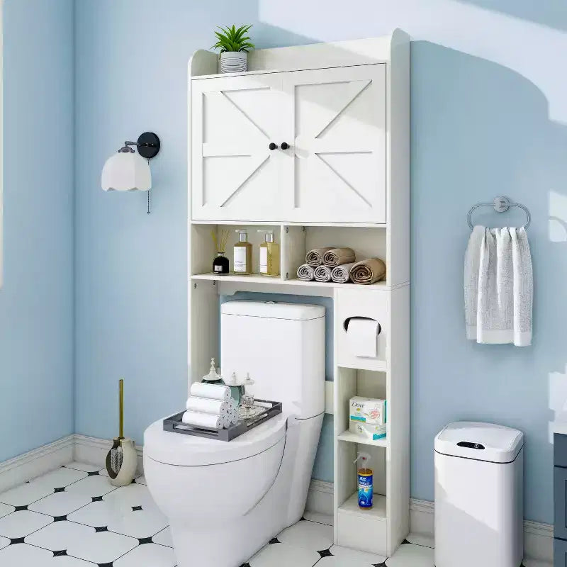 Meuble de rangement Dyonery au-dessus des toilettes avec portes de grange, organisateur de salle de bain peu encombrant de style ferme avec porte-papier toilette et étagère réglable