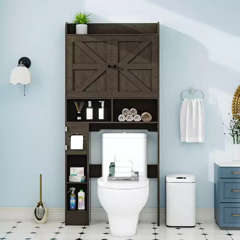 Dyonery Over The Toilet Storage Cabinet with Barn Doors, Farmhouse Bathroom Space-Saving Organizer with Toilet Paper Holder & Adjustable Shelf