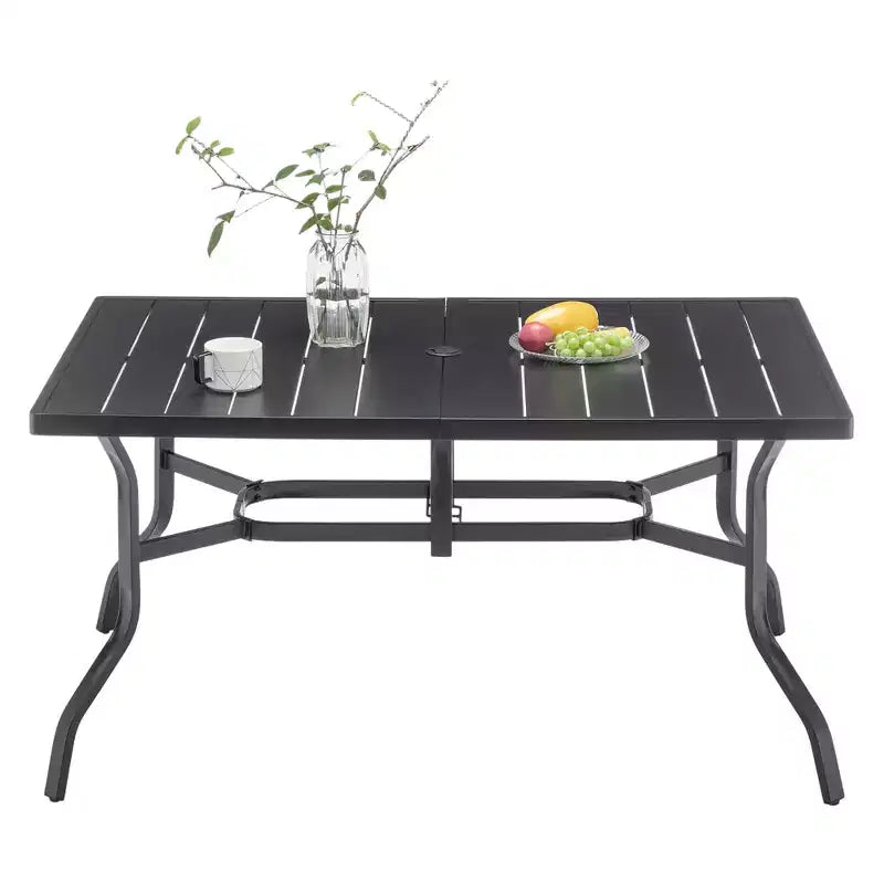 Laukingdom Table de salle à manger d'extérieur en acier avec trou pour parasol et plateau rainuré pour 6 personnes