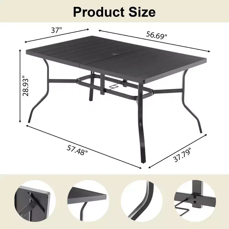 Laukingdom Table de salle à manger d'extérieur en acier avec trou pour parasol et plateau rainuré pour 6 personnes