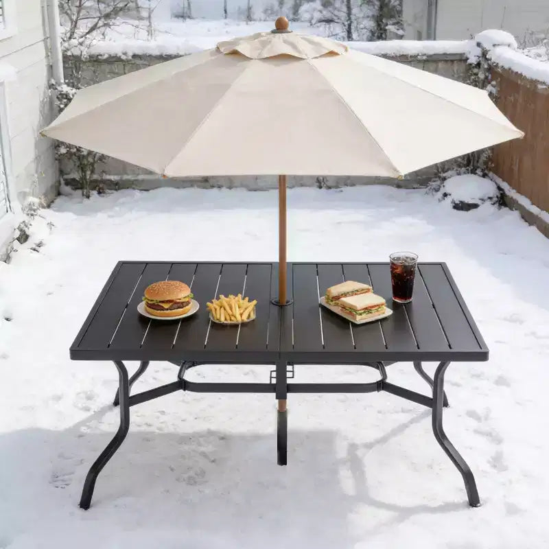 Laukingdom Table de salle à manger d'extérieur en acier avec trou pour parasol et plateau rainuré pour 6 personnes