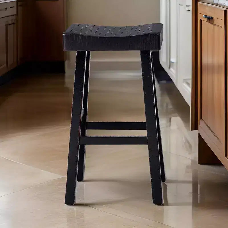 Royal Hampton Barstool Set of 2, Saddle Seat, Farmhouses Style Black Solid Wood