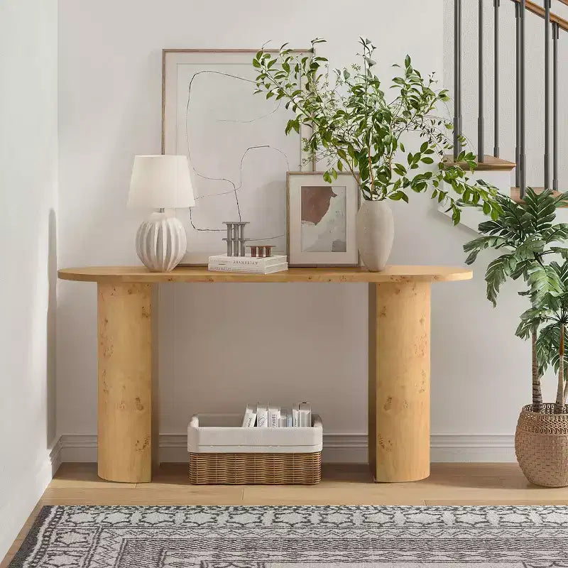 Console d'entrée ovale moderne de 60" avec grain de bois de loupe et pieds demi-cercle, table de canapé pour foyer, couloir ou salon-Panipeachy