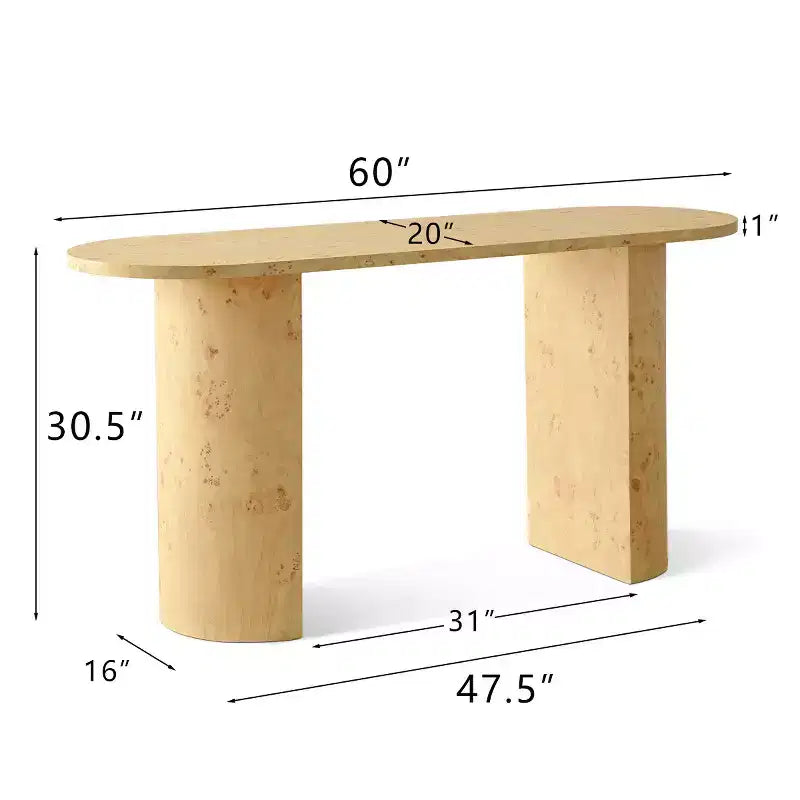 Console d'entrée ovale moderne de 60" avec grain de bois de loupe et pieds demi-cercle, table de canapé pour foyer, couloir ou salon-Panipeachy
