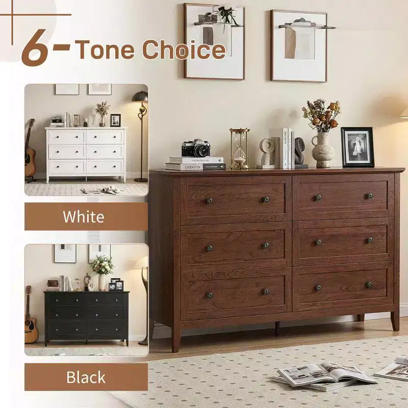 Commode à six tiroirs Karl Home de 47 pouces avec double poignée, design de cadre et finition en mélamine