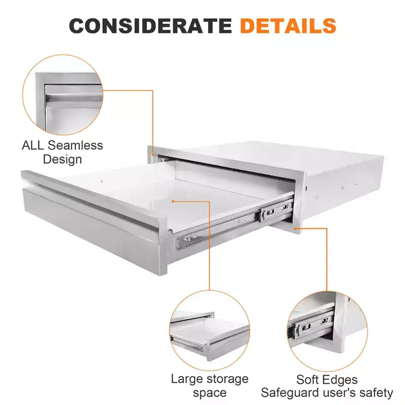 Tiroir de cuisine extérieure 24", tiroir simple encastré en acier inoxydable 304 pour îlot de barbecue, tiroir de rangement pour station de grillades de cuisine extérieure