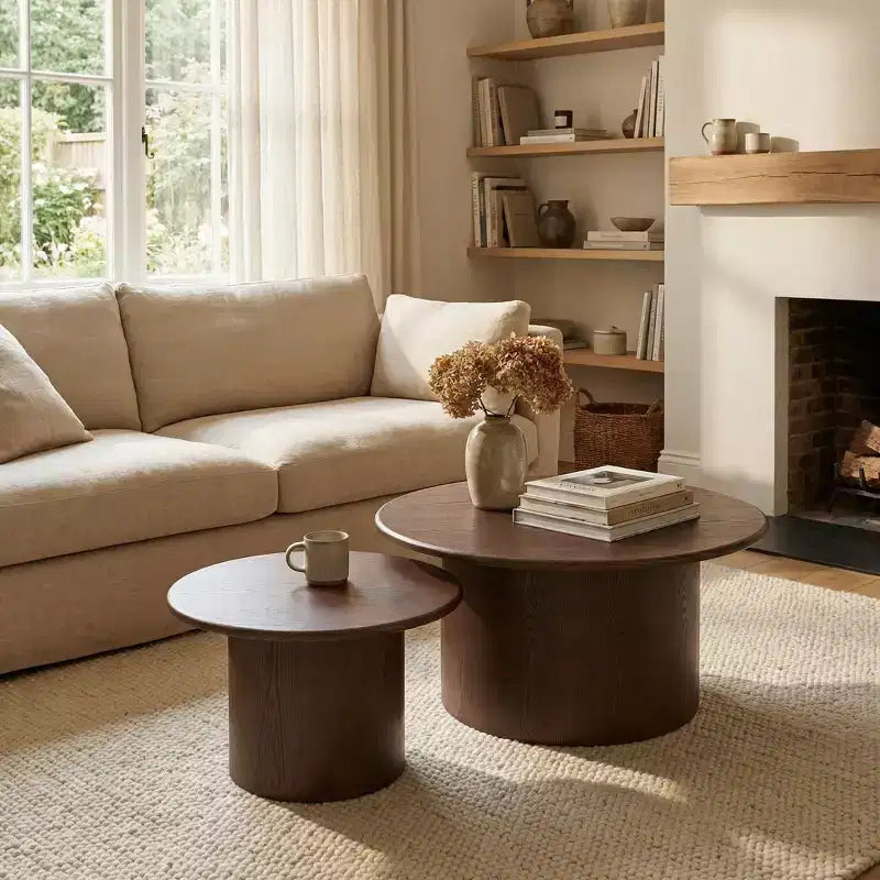 Table basse JVNOXK lot de 2, table basse ronde en MDF pour salon, appartement, espace de loisirs, noyer