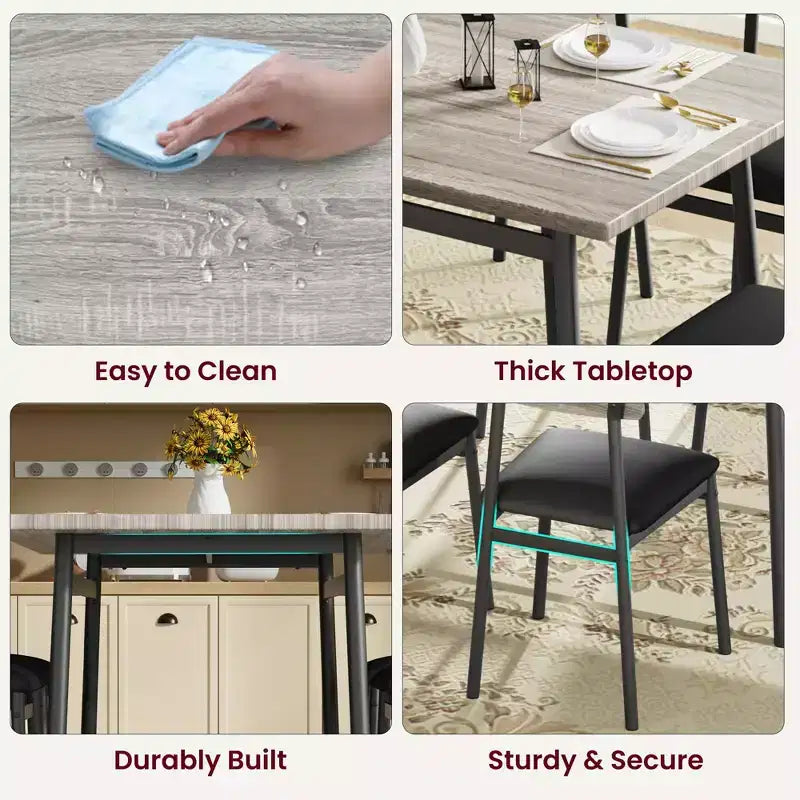 Ensemble table à manger avec 4 chaises rembourrées, bords lisses, ensemble de 4 chaises de table de cuisine en bois pour salle à manger, cuisine, appartement