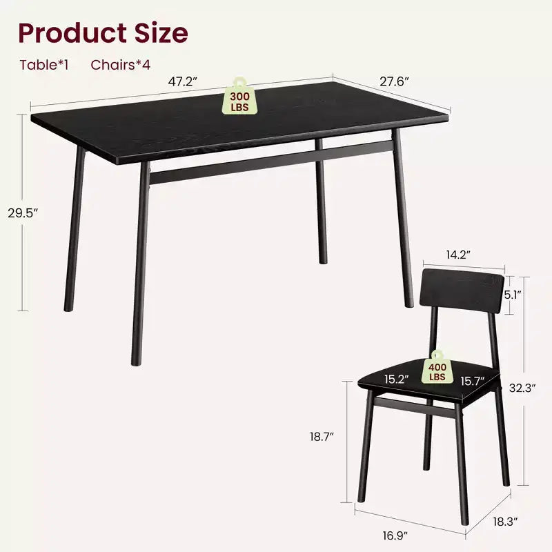 Ensemble table à manger avec 4 chaises rembourrées, bords lisses, ensemble de 4 chaises de table de cuisine en bois pour salle à manger, cuisine, appartement