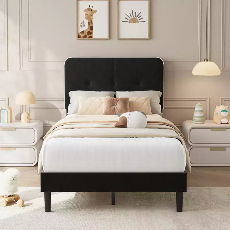 Garvee Twin-XL Velvet Bed Frame, Upholstered Platform Bed Frames with Adjustable Headboard, Sturdy Metal Support, Easy Assembly