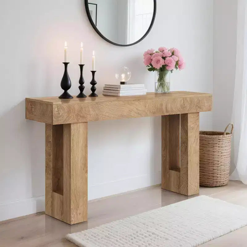 Longue table de canapé derrière un canapé, table console de ferme de 160 cm pour entrée de salon, table de couloir en bois avec finition rustique en chêne naturel