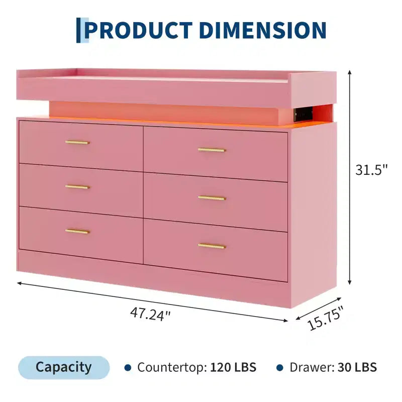 Commode à 6 tiroirs, pour placard, avec lumières LED flottantes et station de charge, armoire à tiroirs pour chambre à coucher, salon, 120 cm (rose)