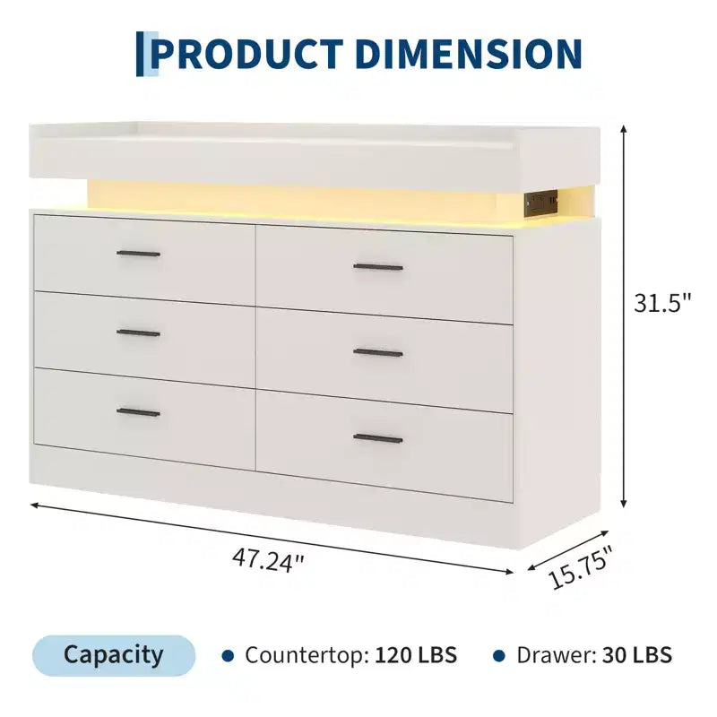 Commode à 6 tiroirs, pour placard, avec lumières LED flottantes et station de charge, armoire à tiroirs pour chambre à coucher, salon, 120 cm (rose)