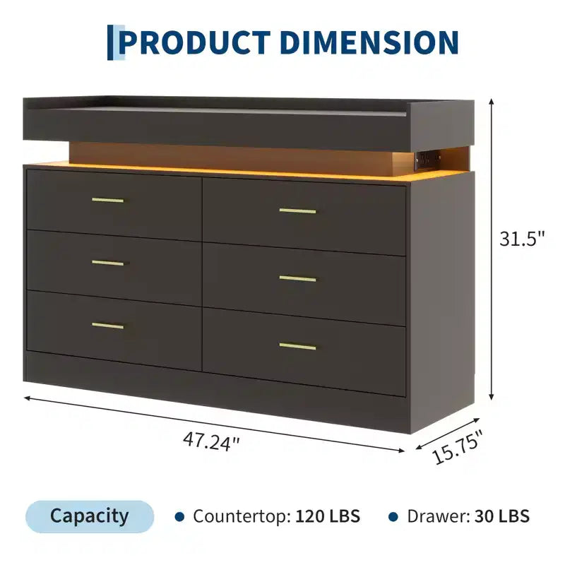Commode à 6 tiroirs, pour placard, avec lumières LED flottantes et station de charge, armoire à tiroirs pour chambre à coucher, salon, 120 cm (rose)