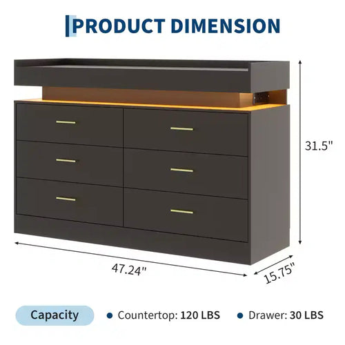 Commode à 6 tiroirs, pour placard, avec lumières LED flottantes et station de charge, armoire à tiroirs pour chambre à coucher, salon, 120 cm (rose)