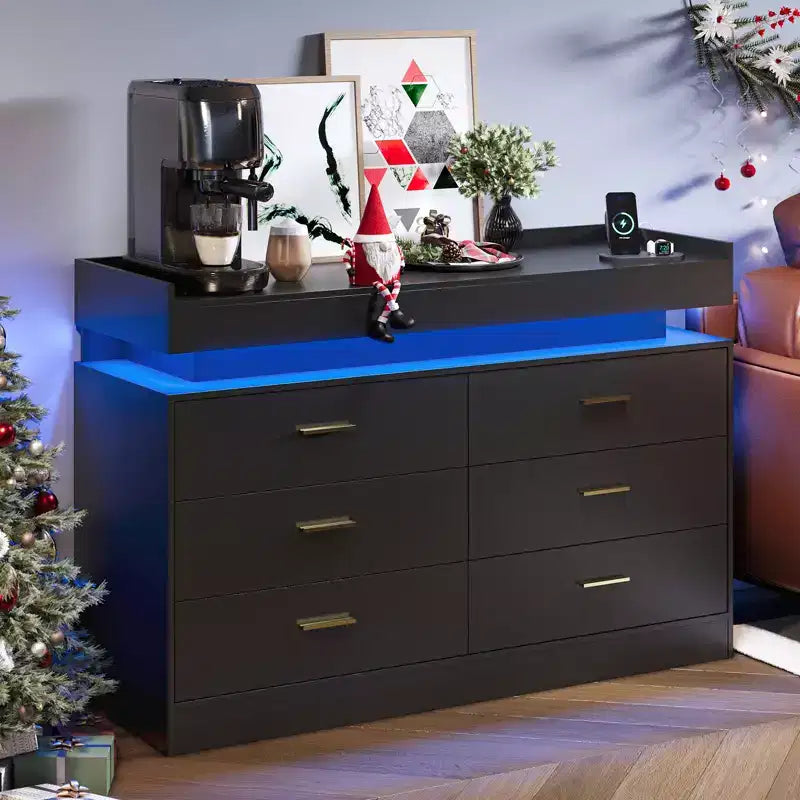 Commode à 6 tiroirs, pour placard, avec lumières LED flottantes et station de charge, armoire à tiroirs pour chambre à coucher, salon, 120 cm (rose)