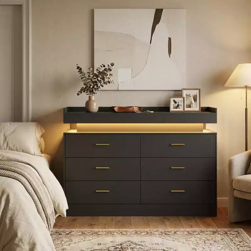 6 Drawer Dresser, Chest of Drawers for Closet with Floating LED Lights & Charging Station, Drawer Cabinet for Bedroom, Living Room, 47.24w pink