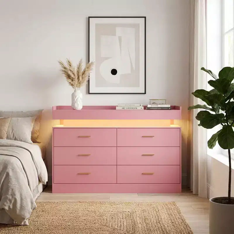 Commode à 6 tiroirs, pour placard, avec lumières LED flottantes et station de charge, armoire à tiroirs pour chambre à coucher, salon, 120 cm (rose)