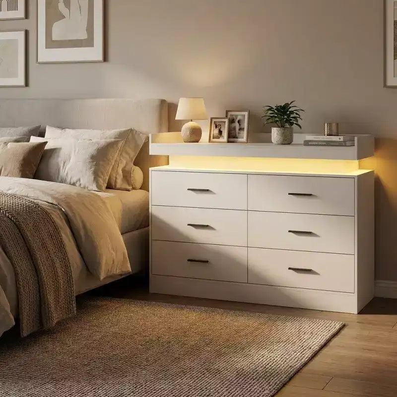 Commode à 6 tiroirs, pour placard, avec lumières LED flottantes et station de charge, armoire à tiroirs pour chambre à coucher, salon, 120 cm (rose)