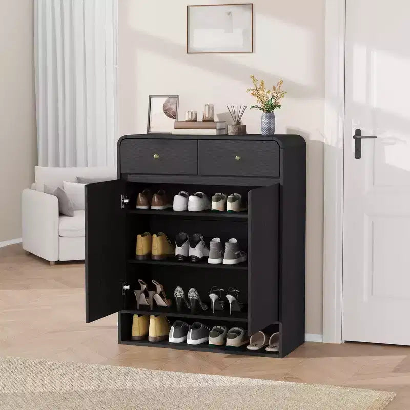 Meuble à chaussures moderne, Organisateur de chaussures en bois pour entrée avec 2 tiroirs et étagères réglables, Étagère à chaussures autoportante pour salon et chambre
