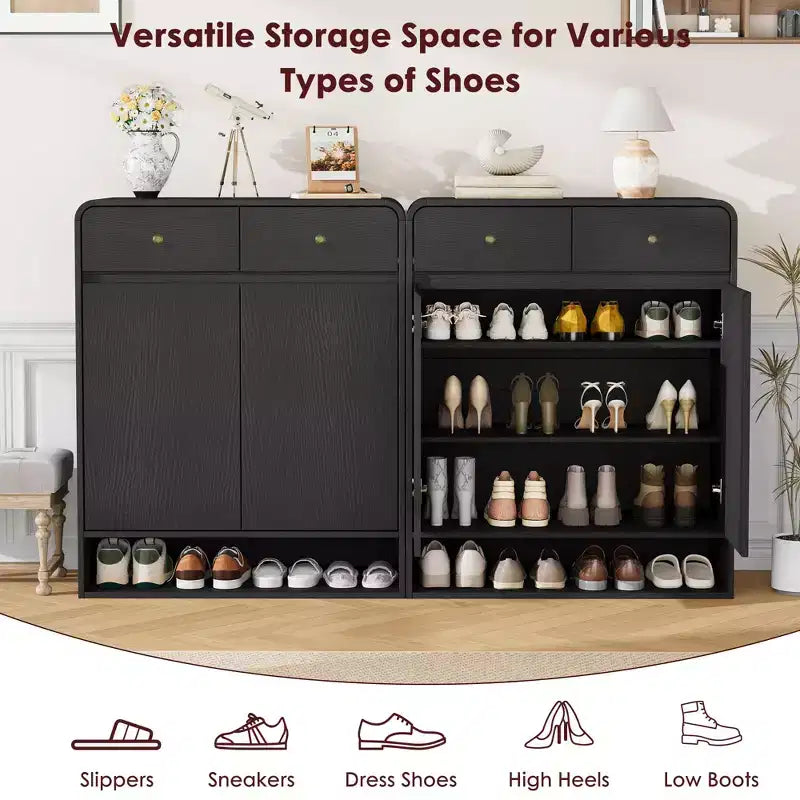 Meuble à chaussures moderne, Organisateur de chaussures en bois pour entrée avec 2 tiroirs et étagères réglables, Étagère à chaussures autoportante pour salon et chambre