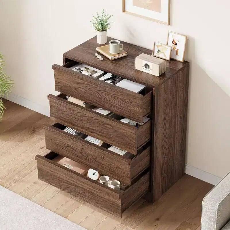 Table de chevet moderne GustoWave, commode à 4 tiroirs pour chambre à coucher, salon, entrée, marron