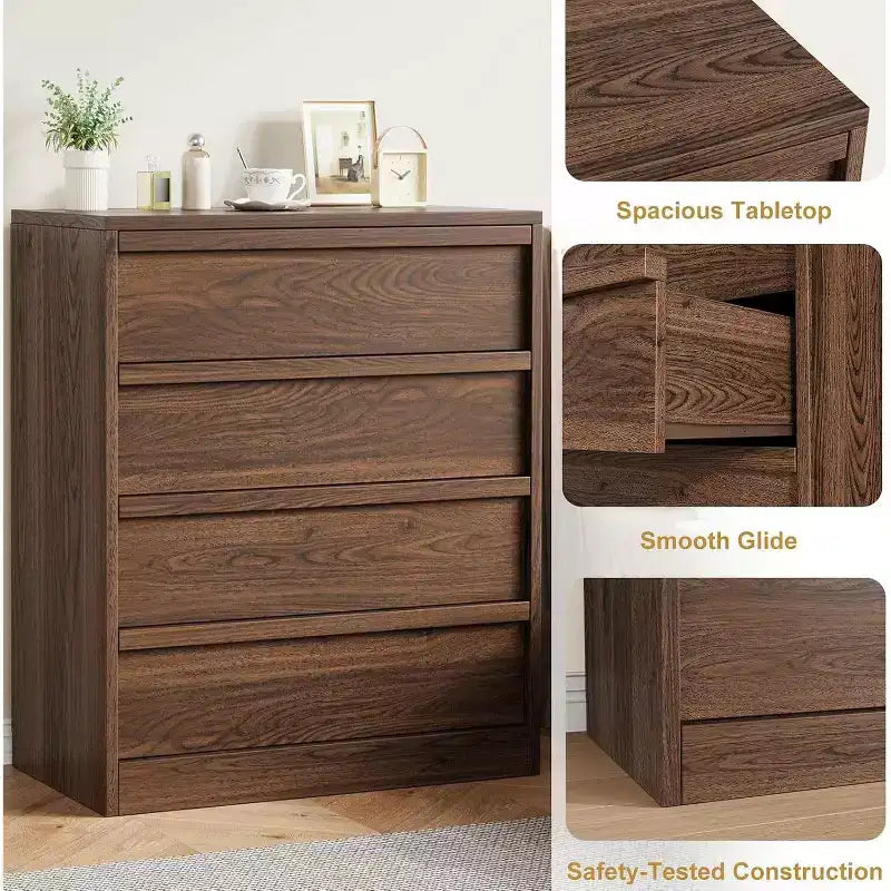 Table de chevet moderne GustoWave, commode à 4 tiroirs pour chambre à coucher, salon, entrée, marron