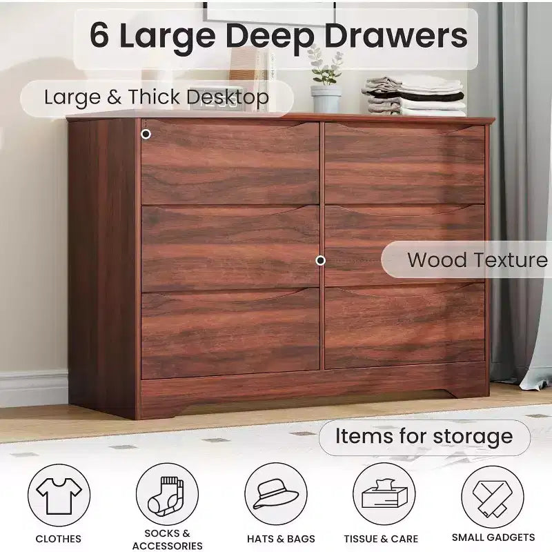 GustoWave Armoire Moderne, Commode de Rangement en Bois avec 6 Tiroirs pour Chambre, Salon, Couloir, Marron
