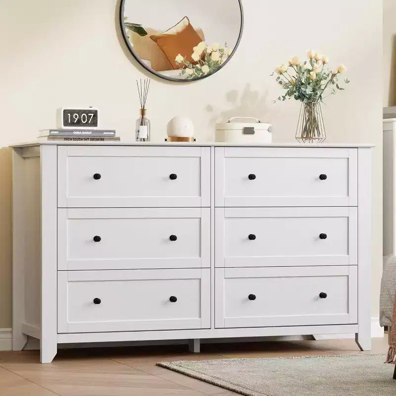 GustoWave Modern 54 Wide Large 6 Drawer Dresser for Bedroom, Entryway, Hallway, White