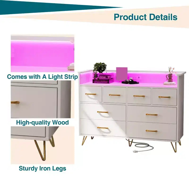 Commode moderne à 8 tiroirs avec lumières LED et station de charge, organisateur en bois avec étagère ouverte pour chambre à coucher, salon, entrée