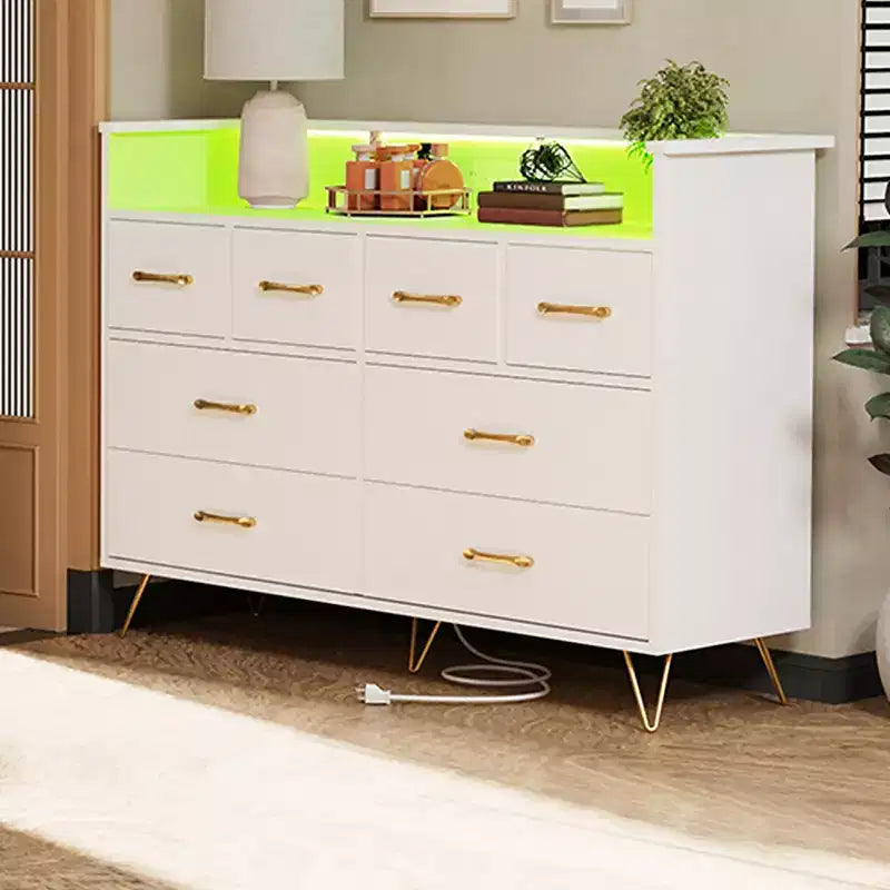 Commode moderne à 8 tiroirs avec lumières LED et station de charge, organisateur en bois avec étagère ouverte pour chambre à coucher, salon, entrée
