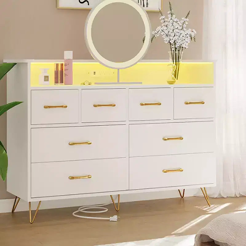 Commode moderne à 8 tiroirs avec lumières LED et station de charge, organisateur en bois avec étagère ouverte pour chambre à coucher, salon, entrée