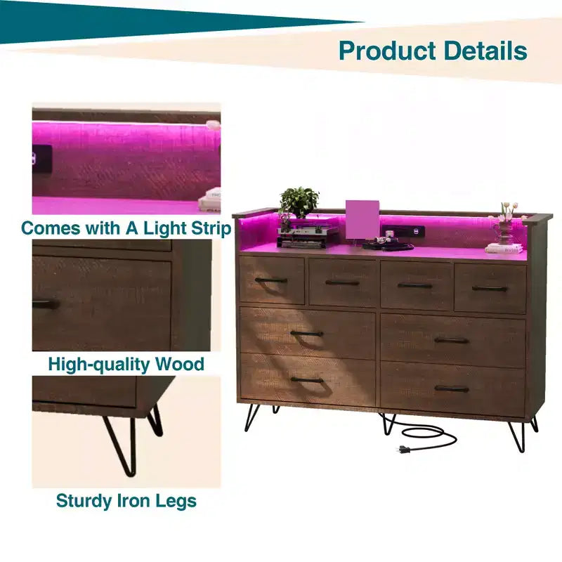 Commode moderne à 8 tiroirs avec lumières LED et station de charge, organisateur en bois avec étagère ouverte pour chambre à coucher, salon, entrée