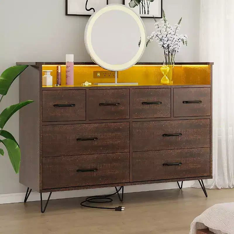 Commode moderne à 8 tiroirs avec lumières LED et station de charge, organisateur en bois avec étagère ouverte pour chambre à coucher, salon, entrée