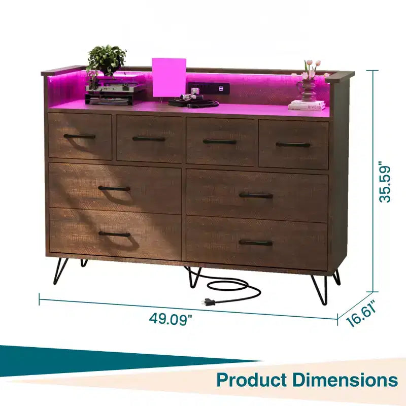 Commode moderne à 8 tiroirs avec lumières LED et station de charge, organisateur en bois avec étagère ouverte pour chambre à coucher, salon, entrée