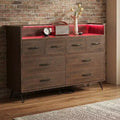 Modern 8-Drawer Storage Cabinet with LED Lights & Charging Station, Wooden Organizer with Open Shelf for Bedroom, Living Room, Entryway